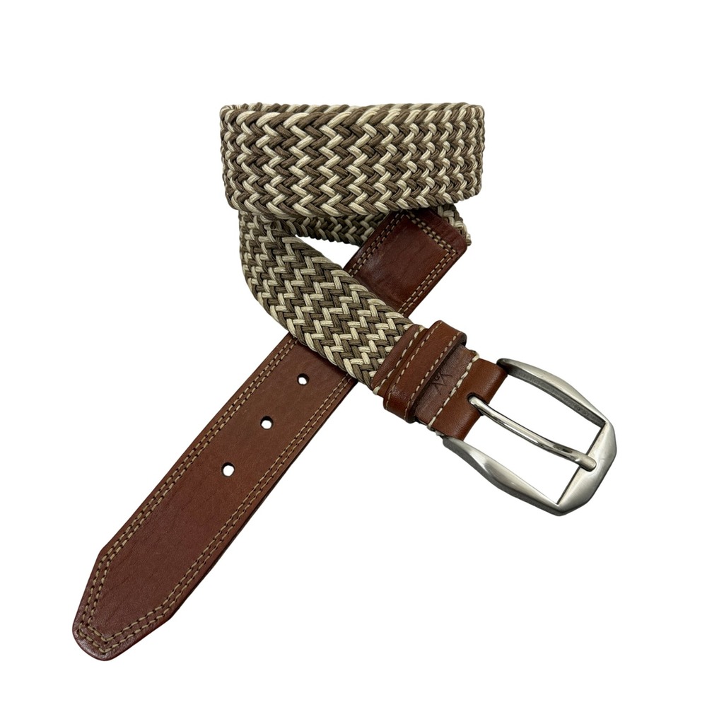 Martin Dingman Belt Mens 38 Brown Woven Leather Trim Silver Buckle Ivory Olive